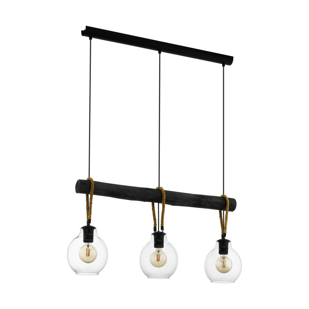 Rodding - 3 LT Linear Pendant with Structured Black Finish Brown Roping and Clear Glass Shade