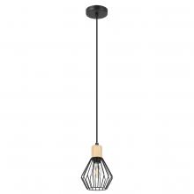 B2B Spec 205587A - 1LT Open Frame Metal Pendant With Structured Black Finish and Wood Accent. 1-60W E26 Bulb