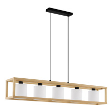 B2B Spec 390102A - 5 LT Linear Pendant w/ Natural Wood Open Frame & White Fabric Shades